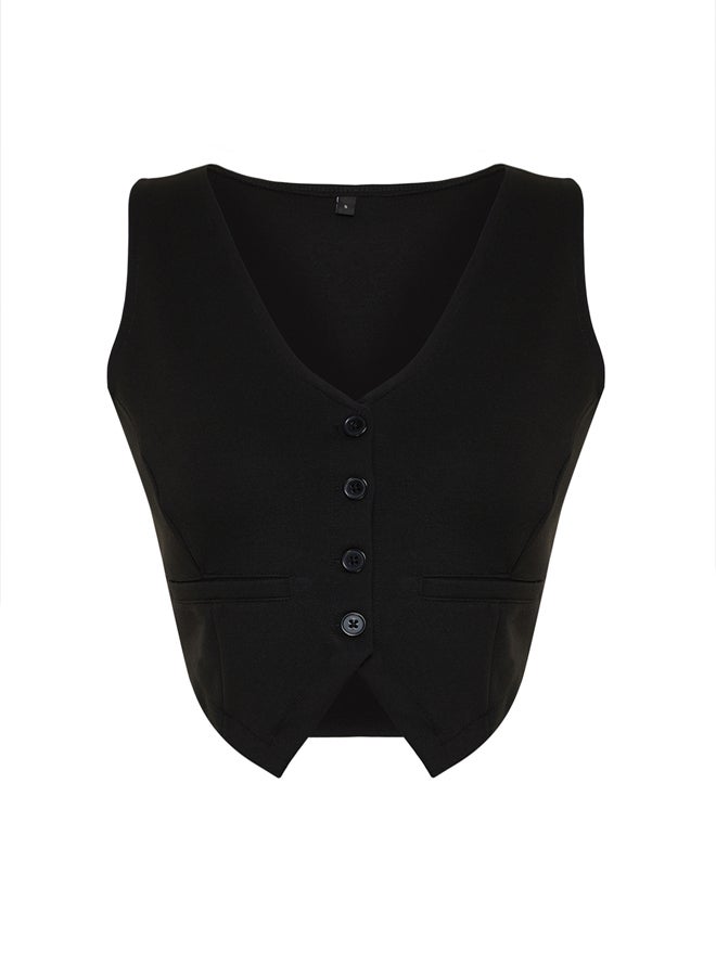 Black Plain Slim Regular Button Detailed Crop Vest TWOSS23YE00037