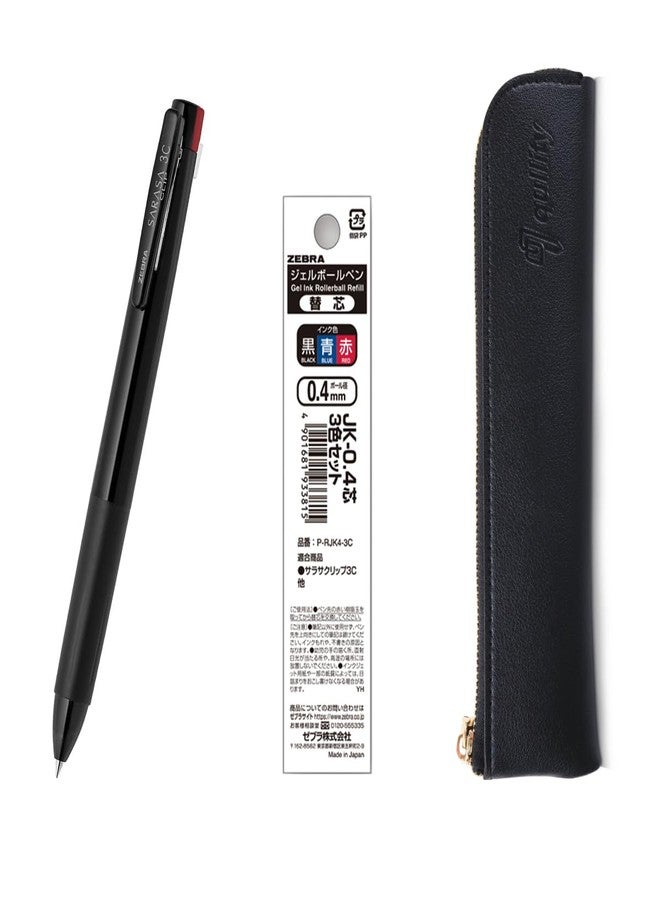 QULLITY Zebra SARASA Clip 3C Black 0.4mm Multicolor Pen & Refills (Black, Blue, Red) with Slim Black Pen Case - Image 1