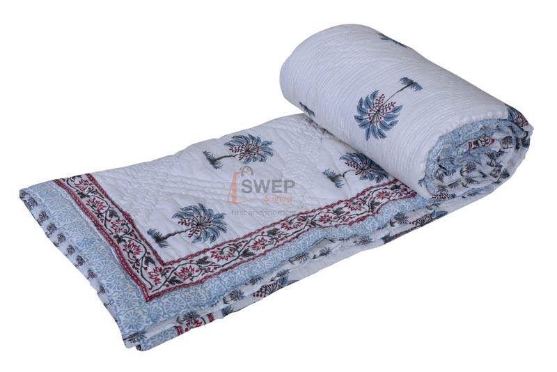 Swep & Shop Swep & Shop Tree Design Hand Block Pure Cotton Double Bed RazaiQuilt Light Weight Razai for Home (90X108 Inches) (Blue Tree) - Image 5