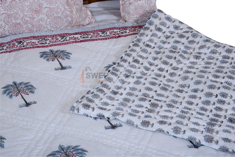 Swep & Shop Swep & Shop Tree Design Hand Block Pure Cotton Double Bed RazaiQuilt Light Weight Razai for Home (90X108 Inches) (Blue Tree) - Image 2