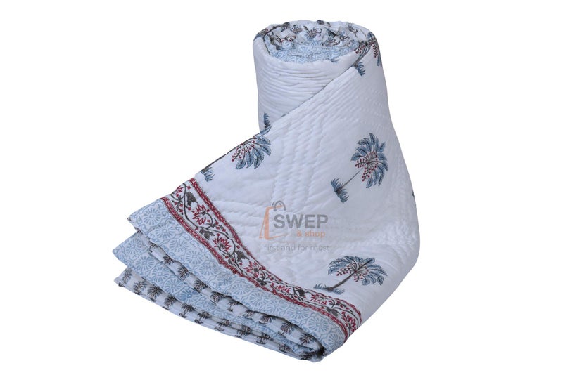 Swep & Shop Swep & Shop Tree Design Hand Block Pure Cotton Double Bed RazaiQuilt Light Weight Razai for Home (90X108 Inches) (Blue Tree) - Image 3