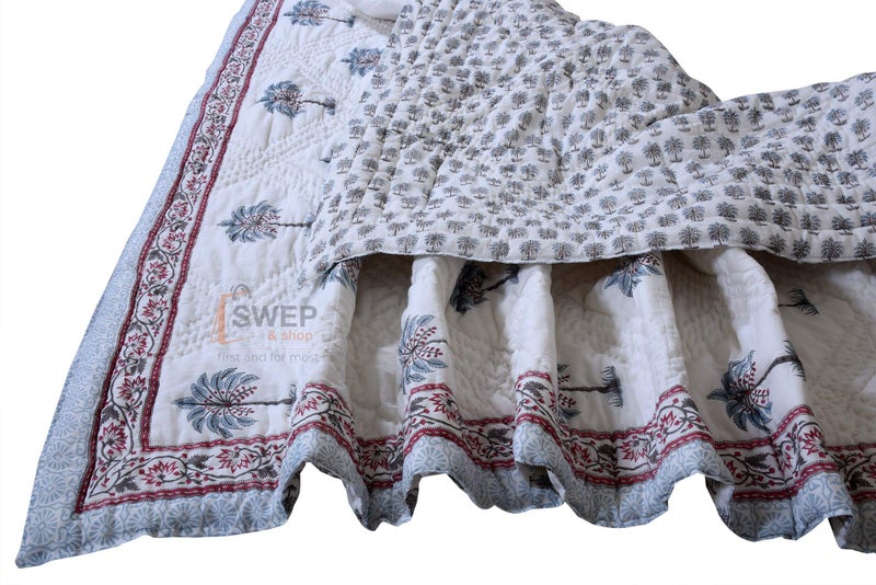 Swep & Shop Swep & Shop Tree Design Hand Block Pure Cotton Double Bed RazaiQuilt Light Weight Razai for Home (90X108 Inches) (Blue Tree) - Image 1