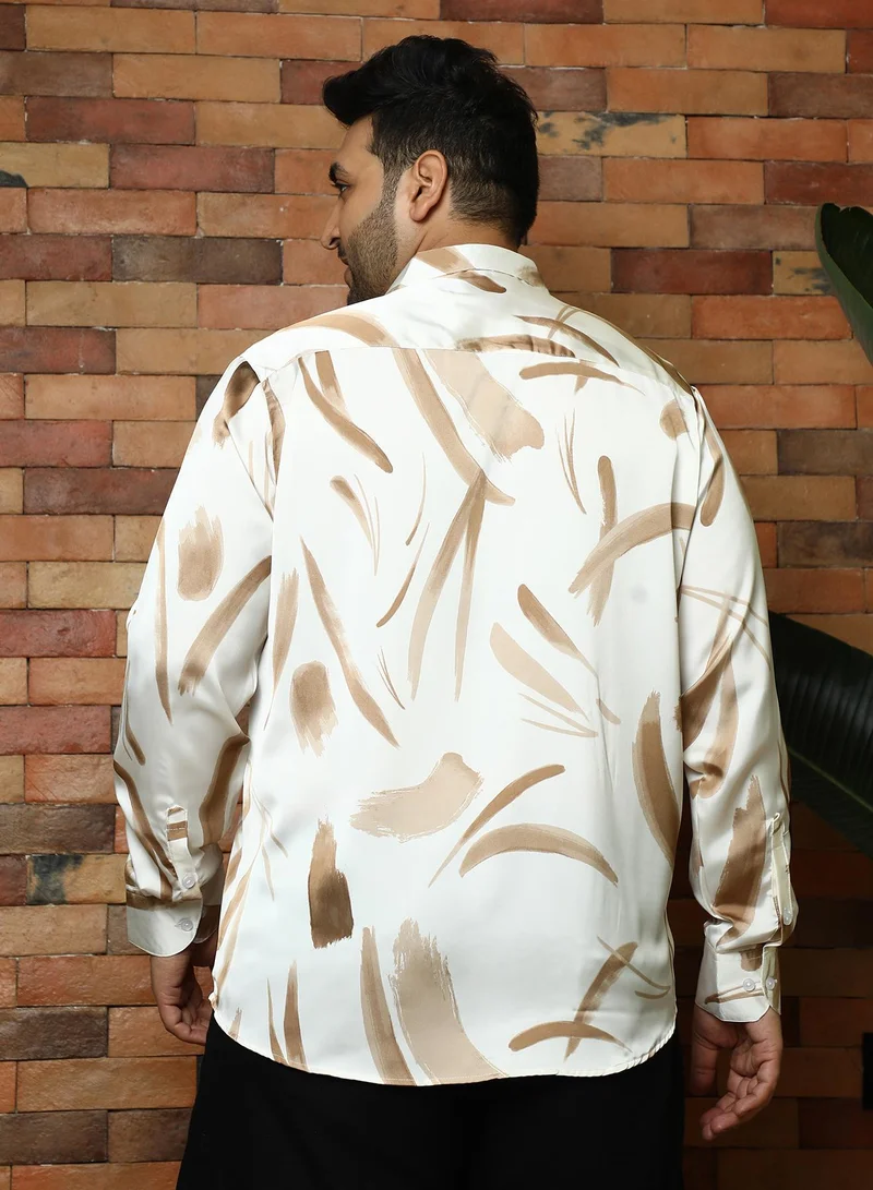 Instafab Plus Instafab Plus Men's Olive Green Contrast-Strokes Imprint Shirt | Spread Collar , Long Cuffed Sleeves , Button Closure , Curved Hemline | Abstract-Print Plain Polyester For Street & Casual Wear