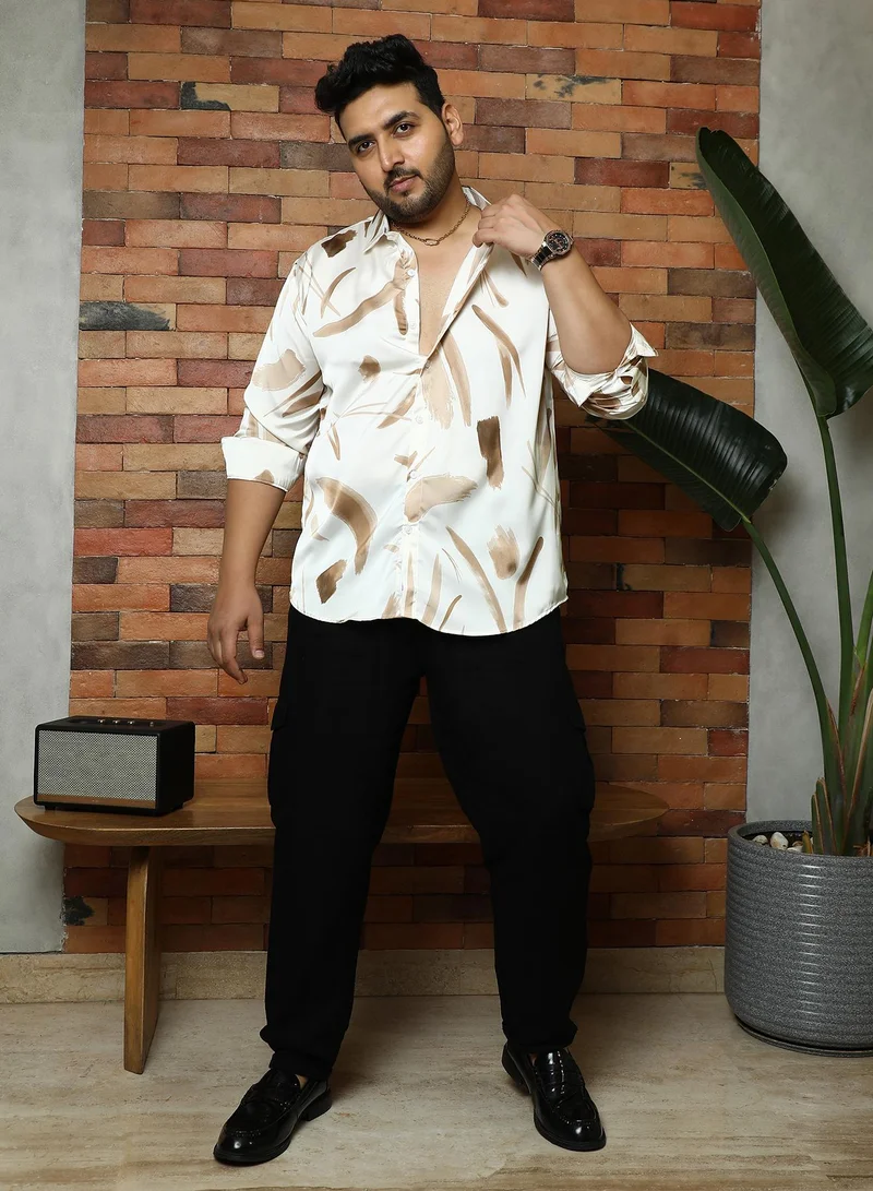 Instafab Plus Instafab Plus Men's Olive Green Contrast-Strokes Imprint Shirt | Spread Collar , Long Cuffed Sleeves , Button Closure , Curved Hemline | Abstract-Print Plain Polyester For Street & Casual Wear