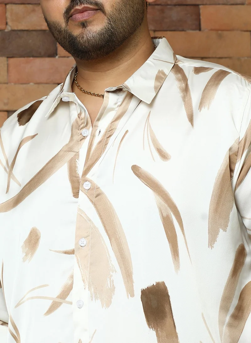 Instafab Plus Instafab Plus Men's Olive Green Contrast-Strokes Imprint Shirt | Spread Collar , Long Cuffed Sleeves , Button Closure , Curved Hemline | Abstract-Print Plain Polyester For Street & Casual Wear
