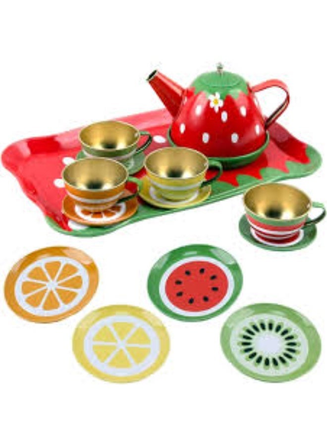 مجموعة شاي الفراولة للأطفال مع أطباق وأكواب بطابع الفاكهة - لعبة تظاهرية للأطفال - Image 1
