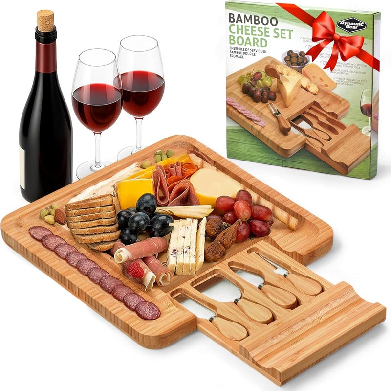 Dynamic Gear Bamboo Charcuterie Cheese Board Set with Knives - Low Maintenance Surface - Perfect for Wine and Cheese Nights - Sleek and Minimal Design - 13x13x2 inches - Dark Brown - Image 1