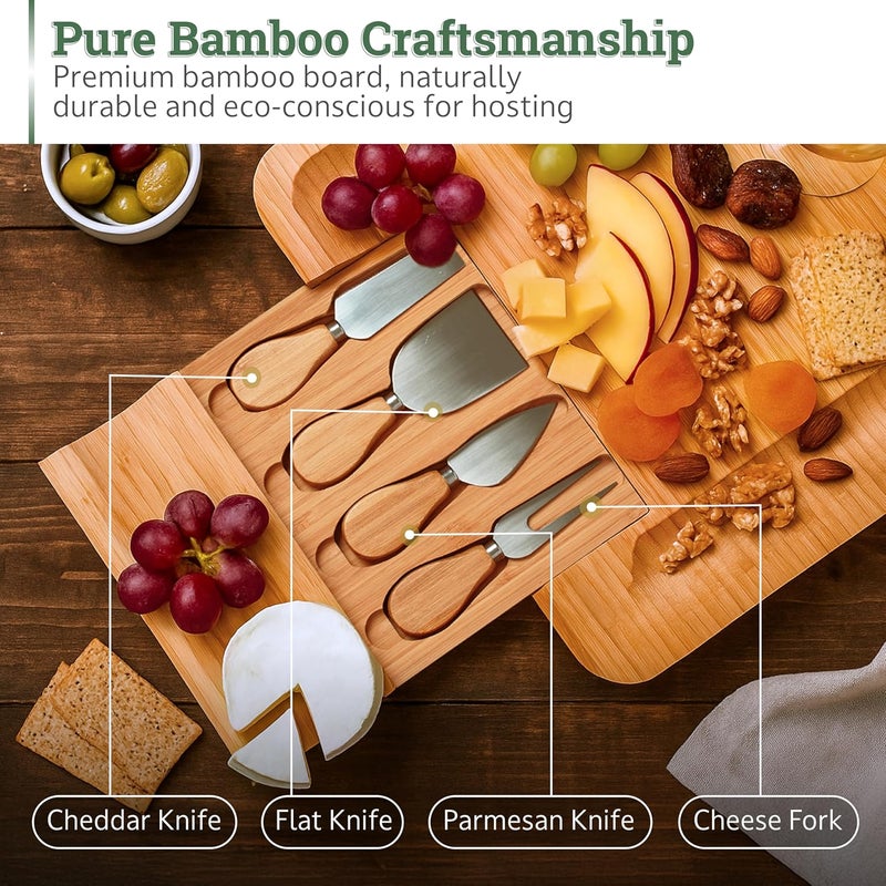 Dynamic Gear Bamboo Charcuterie Cheese Board Set with Knives - Low Maintenance Surface - Perfect for Wine and Cheese Nights - Sleek and Minimal Design - 13x13x2 inches - Dark Brown - Image 4