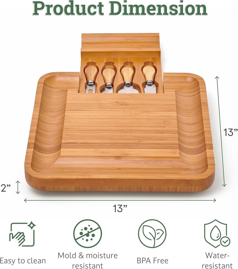 Dynamic Gear Bamboo Charcuterie Cheese Board Set with Knives - Low Maintenance Surface - Perfect for Wine and Cheese Nights - Sleek and Minimal Design - 13x13x2 inches - Dark Brown - Image 3
