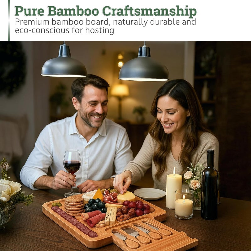 Dynamic Gear Bamboo Charcuterie Cheese Board Set with Knives - Low Maintenance Surface - Perfect for Wine and Cheese Nights - Sleek and Minimal Design - 13x13x2 inches - Dark Brown - Image 2