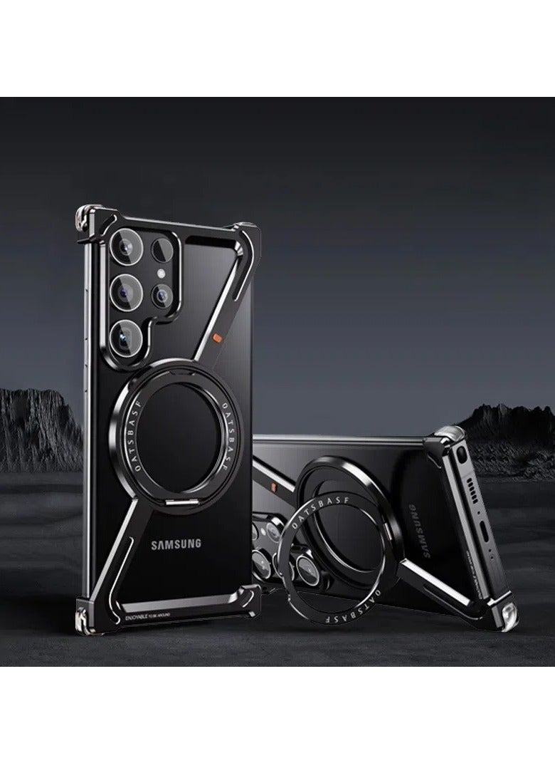 general Suitable for Samsung S24Ultra S24Plus S24 phone case, metal borderless hollow half-pack rotating bracket magnetic phone case - Image 1