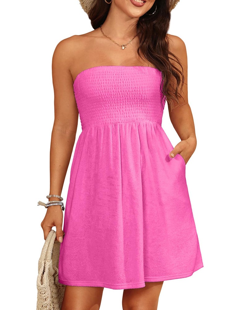 Yonique Women Terry Cloth Cover up - Strapless Beach Cover Up Tube Top with Pockets Pink M - Image 1