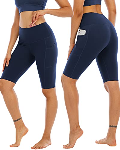 WHOUARE 4 Pack Biker Yoga Shorts with Pockets for Women,High Waisted Athletic Running Workout Gym Shorts Tummy Control,Black,Army Green,Navy,Dark Gray,M - Image 2