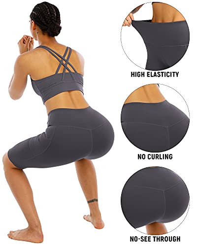WHOUARE 4 Pack Biker Yoga Shorts with Pockets for Women,High Waisted Athletic Running Workout Gym Shorts Tummy Control,Black,Army Green,Navy,Dark Gray,M - Image 4