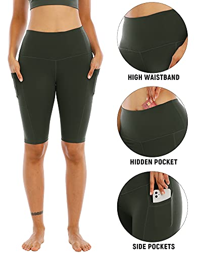 WHOUARE 4 Pack Biker Yoga Shorts with Pockets for Women,High Waisted Athletic Running Workout Gym Shorts Tummy Control,Black,Army Green,Navy,Dark Gray,M - Image 3