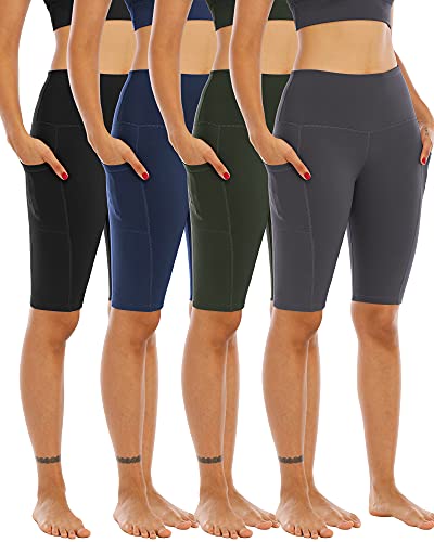 WHOUARE 4 Pack Biker Yoga Shorts with Pockets for Women,High Waisted Athletic Running Workout Gym Shorts Tummy Control,Black,Army Green,Navy,Dark Gray,M - Image 1