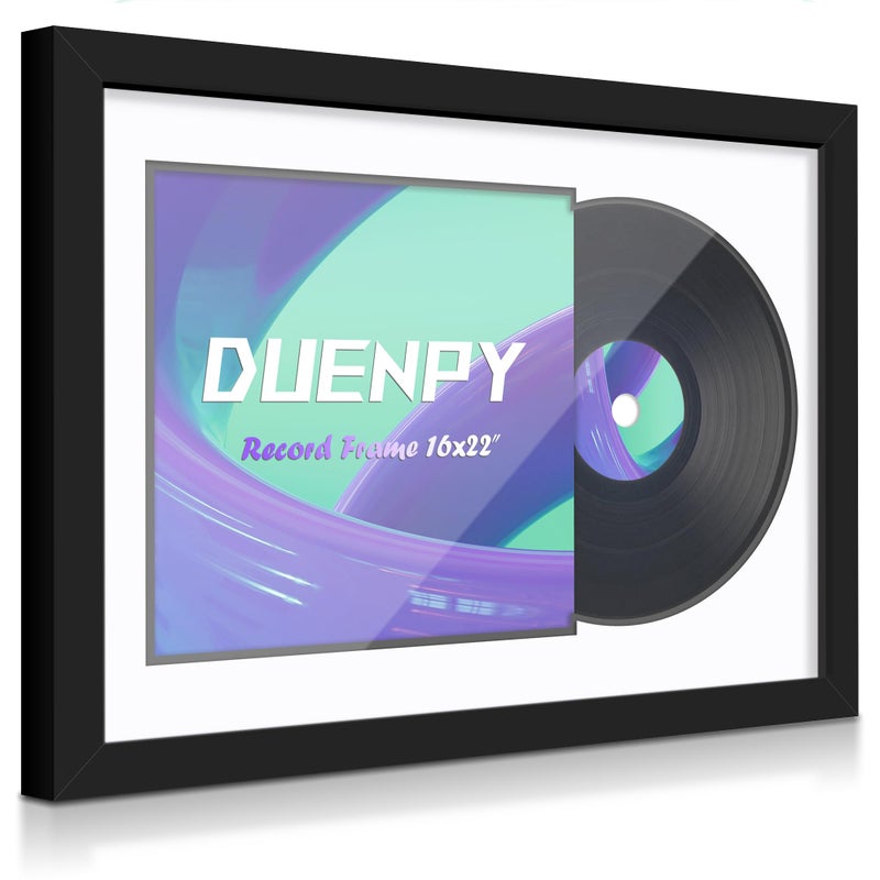 DUENPY Vinyl Record Display Frame 16x22 Inches Display Record Album and 125x125 Album Cover ArtBlack Bottom Mat Wall Mount