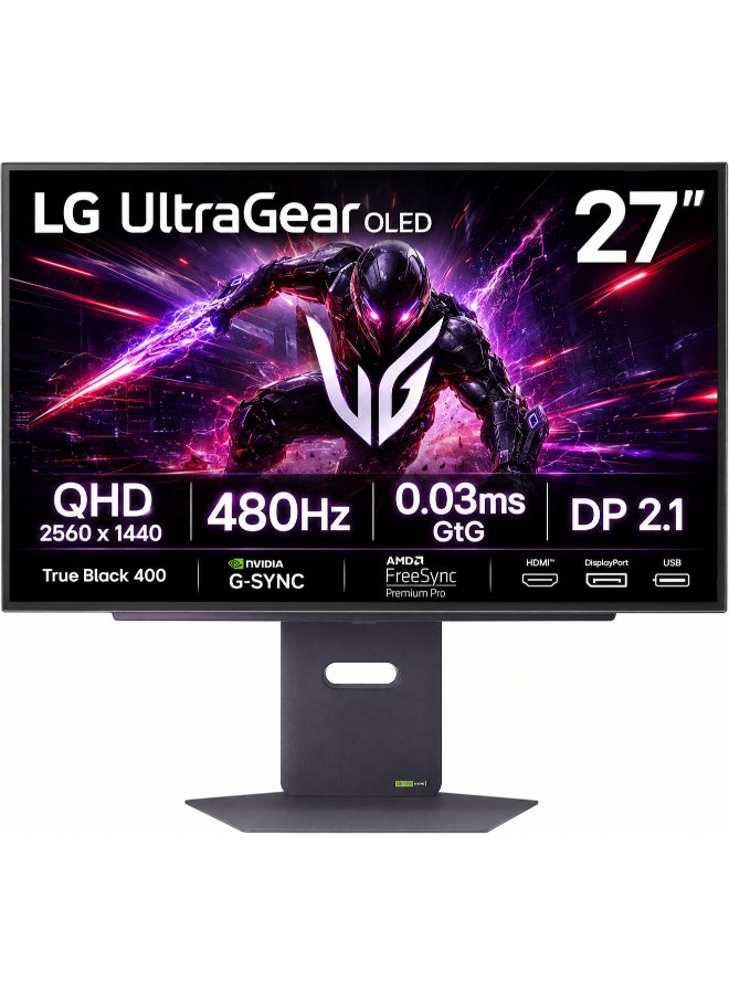 27" Inch Ultragear OLED Gaming Monitor QHD, 480Hz Refresh Rate, 0.03ms Response Time, DisplayPort 2.1, True Black 400, NVIDIA G-Sync, AMD FreeSync Premium Pro, HDMI, Display Port, USB - 27GX790A-B | Black