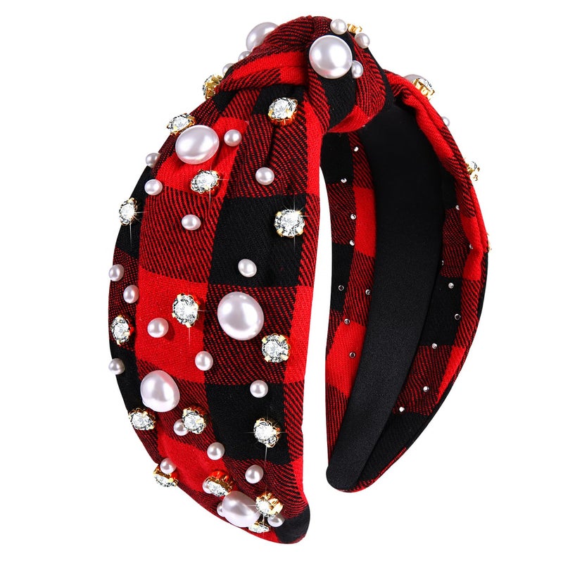 NVENF Christmas Plaid Headband  Jeweled Embellished Crystal Pearl Knotted Top Knot Holiday Hair Accessory Gifts Red