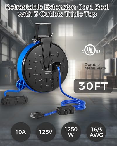 WILAWELS 30 Ft Retractable Extension Cord Reel, 16/3 Gauge SJTW Power Cord with 3 Electrical Outlets Pigtail for Garage and Shop, 10 Amp Circuit Breaker, Metal Plate, UL Listed, Blue U30CR06 - Image 5