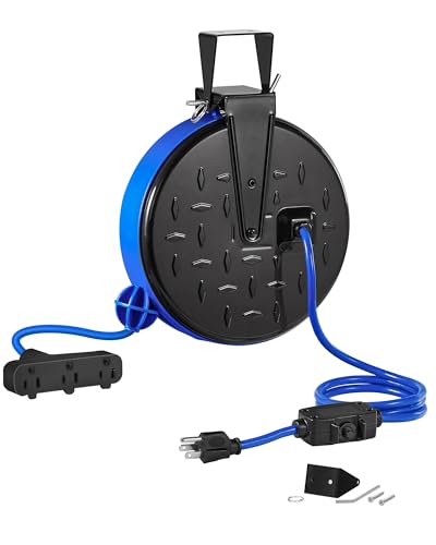 WILAWELS 30 Ft Retractable Extension Cord Reel, 16/3 Gauge SJTW Power Cord with 3 Electrical Outlets Pigtail for Garage and Shop, 10 Amp Circuit Breaker, Metal Plate, UL Listed, Blue U30CR06 - Image 1
