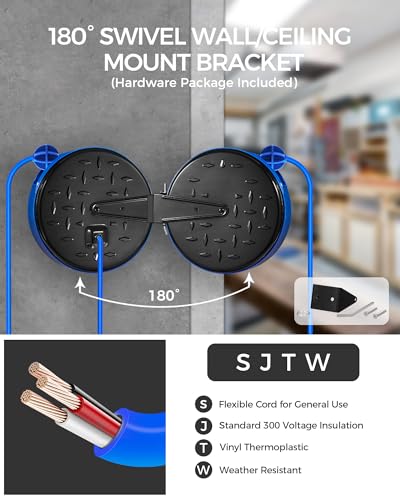 WILAWELS 30 Ft Retractable Extension Cord Reel, 16/3 Gauge SJTW Power Cord with 3 Electrical Outlets Pigtail for Garage and Shop, 10 Amp Circuit Breaker, Metal Plate, UL Listed, Blue U30CR06 - Image 3