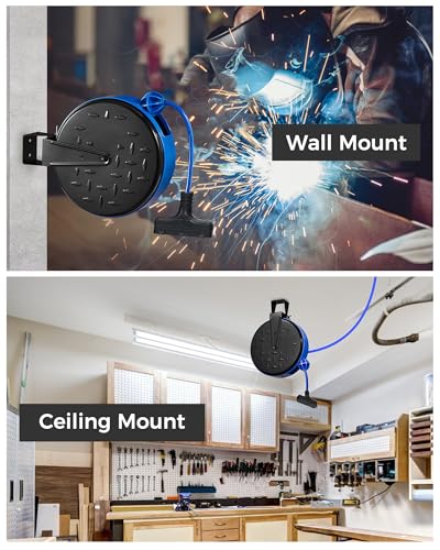 WILAWELS 30 Ft Retractable Extension Cord Reel, 16/3 Gauge SJTW Power Cord with 3 Electrical Outlets Pigtail for Garage and Shop, 10 Amp Circuit Breaker, Metal Plate, UL Listed, Blue U30CR06 - Image 4