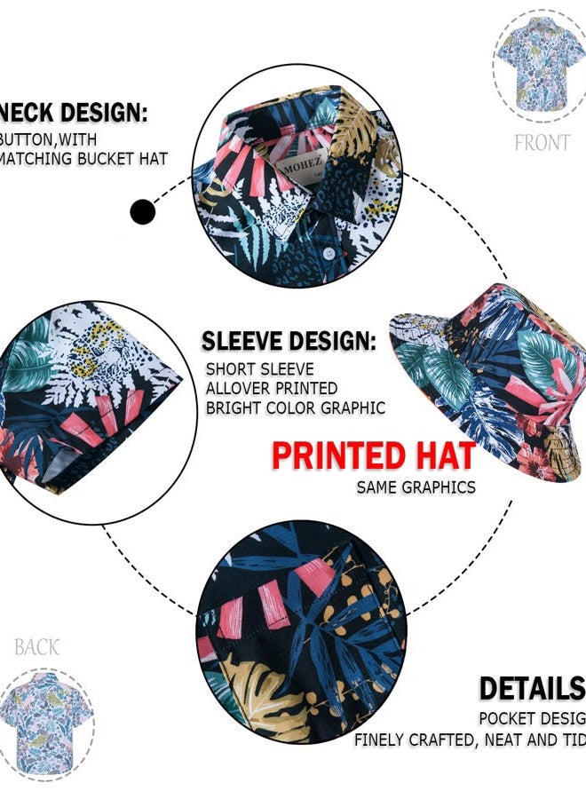 MOHEZ Boys Hawaiian Shirt and Short Set Summer Outfit Kids 2 Piece Clothes Button Down Printed Shirts Set with Bucket Hat Navy 13-14 Years Old - Image 3