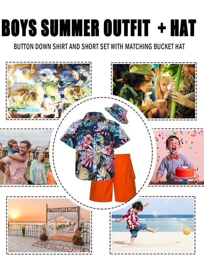 MOHEZ Boys Hawaiian Shirt and Short Set Summer Outfit Kids 2 Piece Clothes Button Down Printed Shirts Set with Bucket Hat Navy 13-14 Years Old - Image 5