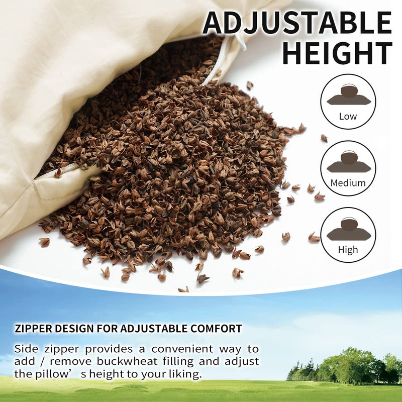 LOFE Organic Buckwheat Pillow for Sleeping - Queen Size 20''x26'', Adjustable Loft, Breathable for Cool Sleep, Cervical Support for Back and Side Sleepers(Tartary Buckwheat Hulls) - Image 2