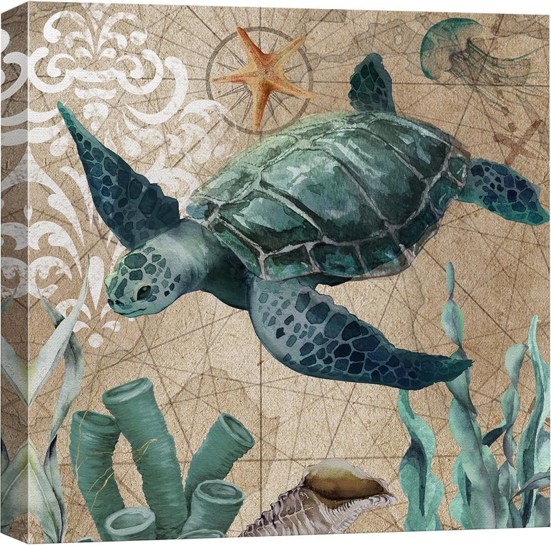 wall26 Teal Turtle Canvas Print Wall Art - Image 1