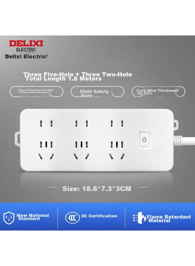 Delixi New National Standard Socket/extension Cord/power Strip/plug/extension Board/plug Board/wiring Board 6-way Combination Master Control 1.8m - Image 5