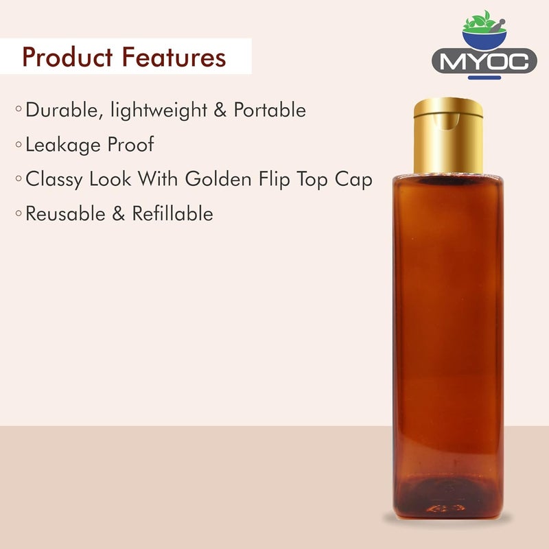 Myoc MYOC Empty Amber Square PET Bottle with Disc Flip Top Golden Cap Refillable Reusable Cosmetic Container for Lotion Shampoo Oil Toner Serum BPA free Leakage proof 200mlPack of 6 - Image 2