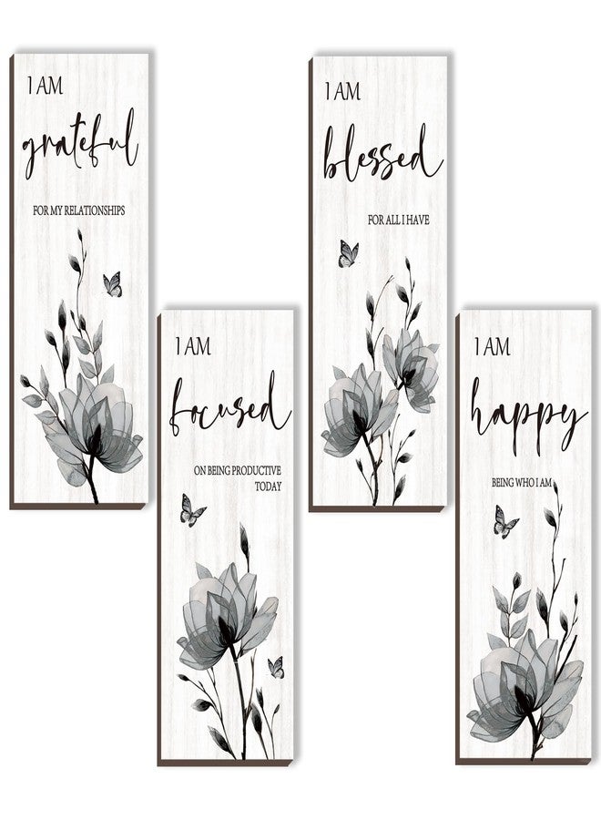 DONFENTHY 4 Pieces Black Wall Decor Black Bathroom Decor Flower Pictures Wall Decor Wooden Wall Art Thankful Grateful Blessed Home Living Room Bedroom Kitchen Office Decoration (Black 10x4 Inch) - Image 1