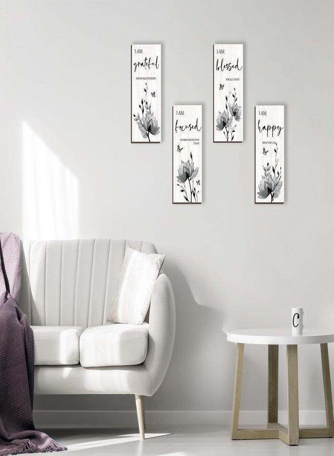 DONFENTHY 4 Pieces Black Wall Decor Black Bathroom Decor Flower Pictures Wall Decor Wooden Wall Art Thankful Grateful Blessed Home Living Room Bedroom Kitchen Office Decoration (Black 10x4 Inch) - Image 2
