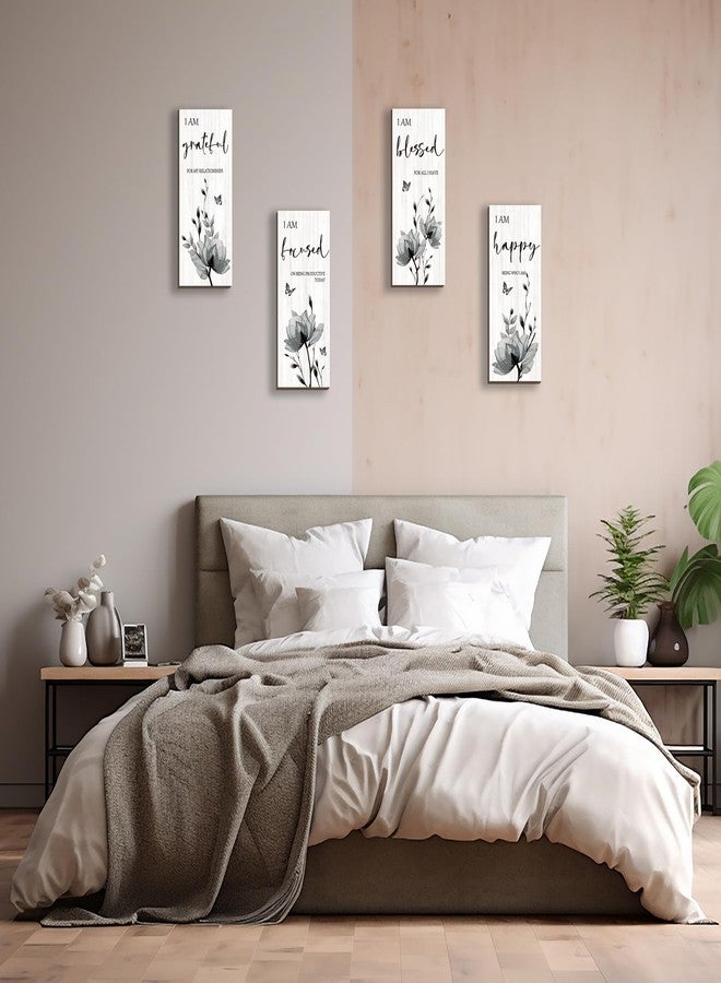 DONFENTHY 4 Pieces Black Wall Decor Black Bathroom Decor Flower Pictures Wall Decor Wooden Wall Art Thankful Grateful Blessed Home Living Room Bedroom Kitchen Office Decoration (Black 10x4 Inch) - Image 4