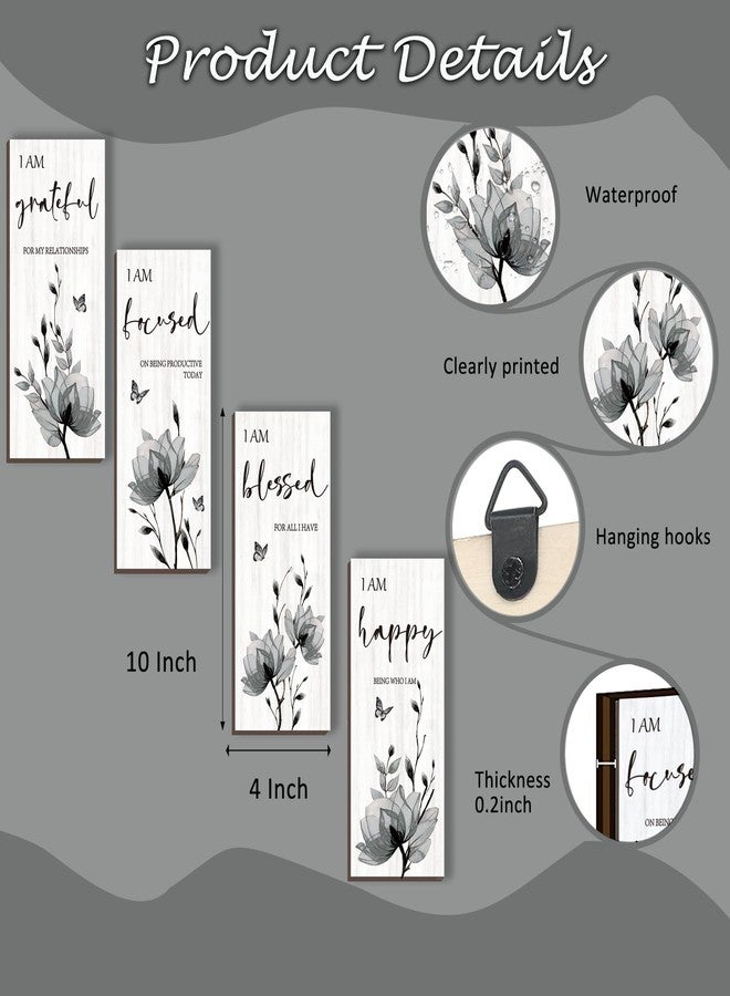 DONFENTHY 4 Pieces Black Wall Decor Black Bathroom Decor Flower Pictures Wall Decor Wooden Wall Art Thankful Grateful Blessed Home Living Room Bedroom Kitchen Office Decoration (Black 10x4 Inch) - Image 5
