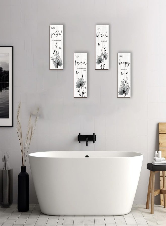 DONFENTHY 4 Pieces Black Wall Decor Black Bathroom Decor Flower Pictures Wall Decor Wooden Wall Art Thankful Grateful Blessed Home Living Room Bedroom Kitchen Office Decoration (Black 10x4 Inch) - Image 3