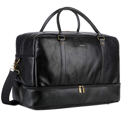 BAOSHA Vegan Leather Large Travel Duffel Tote Bag Carry On Weekender Overnight Bag With Shoe Compartment HB-38 (Black) - Image 1