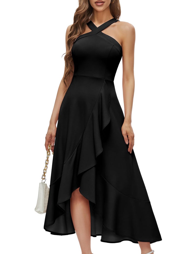 Bbonlinedress Women's Black Halter Cocktail Formal Prom Party Dress Teens 2026 Elegant Hi-Lo Ruffled Wedding Guest Evening Gown Maxi Homecoming Dress Black XS - Image 1