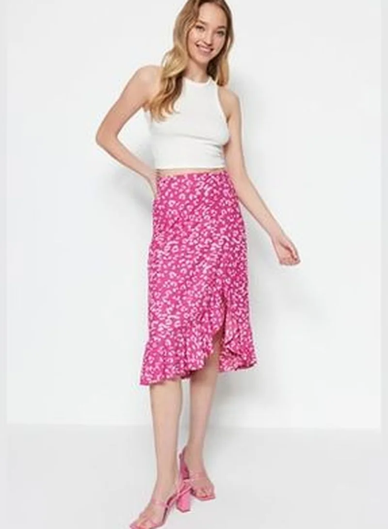 trendyol Fuchsia Printed High-waist Midi, Elastic Knitted Skirt with Ruffles and Ruffle Details TWOSS21ET0029