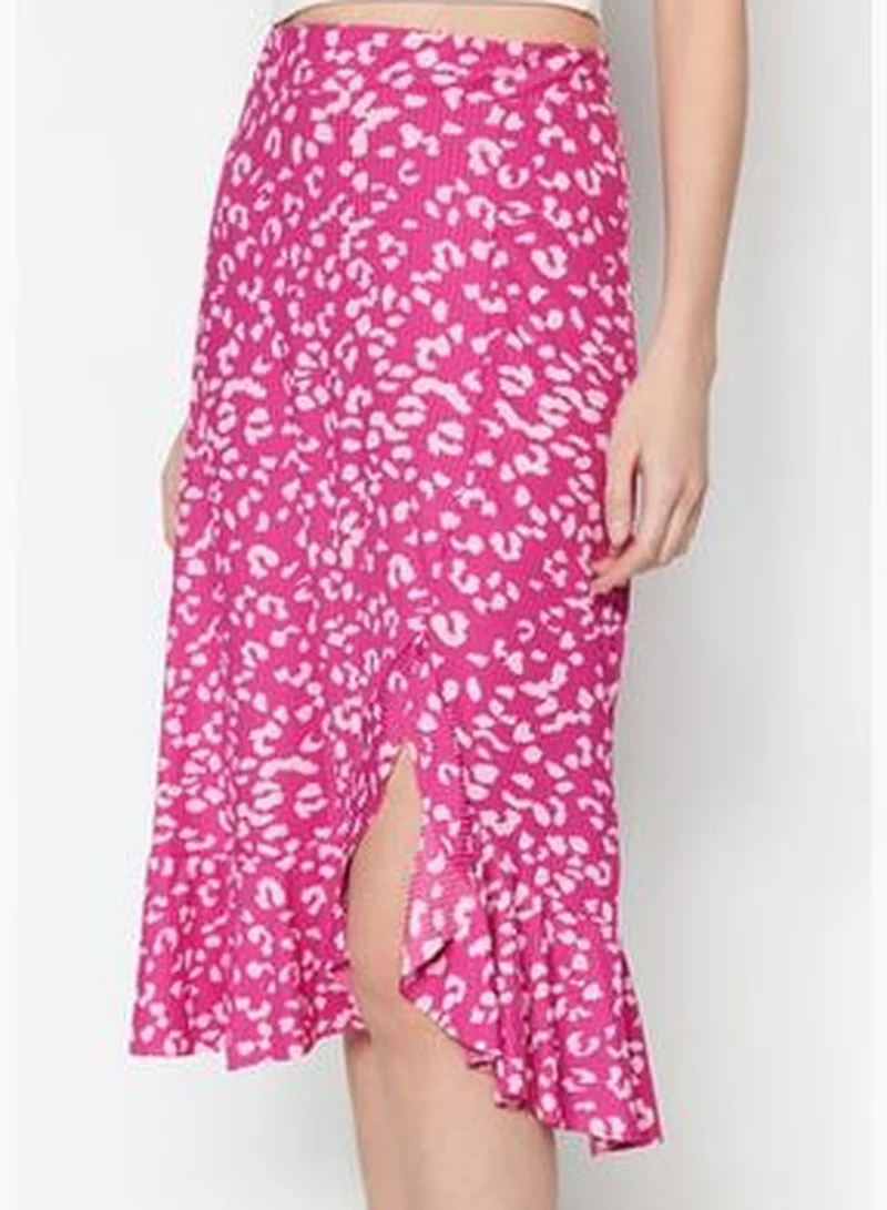 trendyol Fuchsia Printed High-waist Midi, Elastic Knitted Skirt with Ruffles and Ruffle Details TWOSS21ET0029