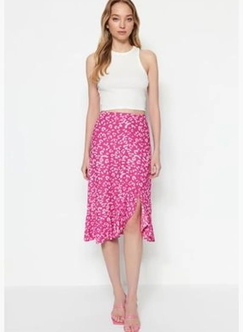 trendyol Fuchsia Printed High-waist Midi, Elastic Knitted Skirt with Ruffles and Ruffle Details TWOSS21ET0029