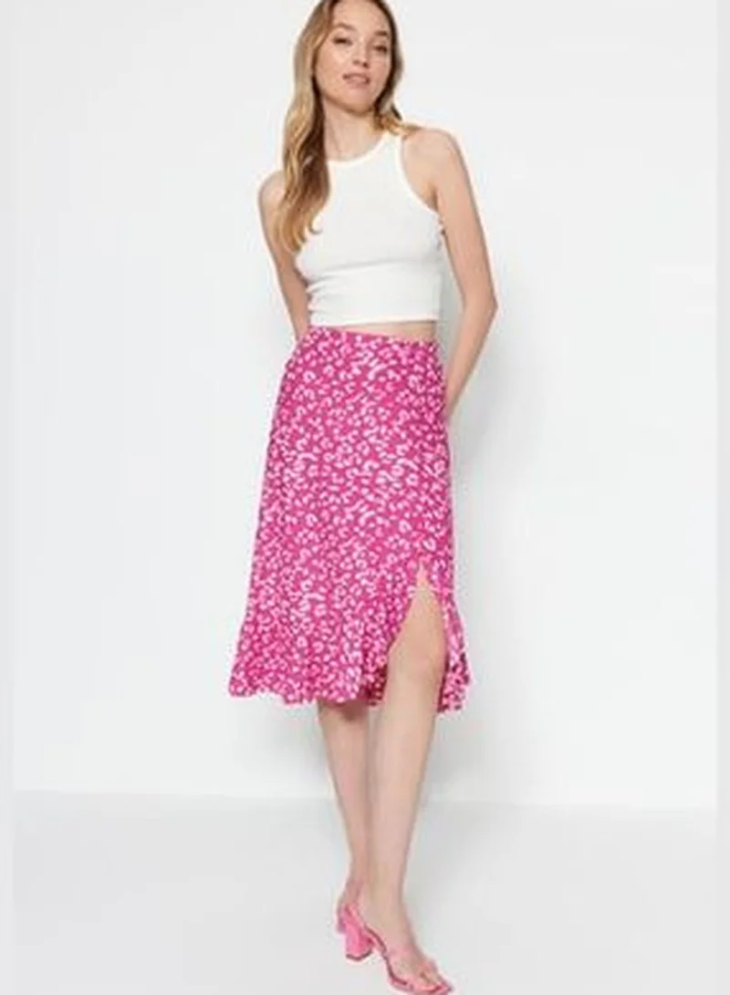 trendyol Fuchsia Printed High-waist Midi, Elastic Knitted Skirt with Ruffles and Ruffle Details TWOSS21ET0029
