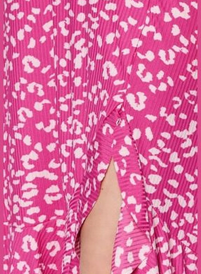 trendyol Fuchsia Printed High-waist Midi, Elastic Knitted Skirt with Ruffles and Ruffle Details TWOSS21ET0029