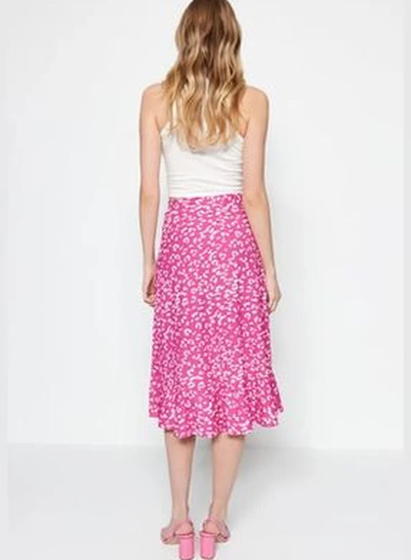 trendyol Fuchsia Printed High-waist Midi, Elastic Knitted Skirt with Ruffles and Ruffle Details TWOSS21ET0029