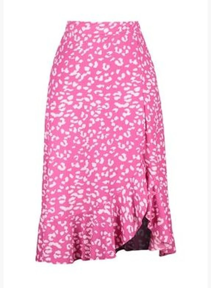 trendyol Fuchsia Printed High-waist Midi, Elastic Knitted Skirt with Ruffles and Ruffle Details TWOSS21ET0029