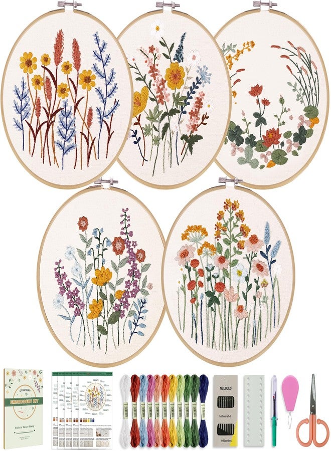 CYANFOUR 5 Pack Beginner Embroidery Kit for Adults, Easy to Learn Floral Embroidery Patterns from Video & Instruction, Needlepoint Kits for Adults Include Embroidery Hoop, Colorful Threads, Tools - Image 1