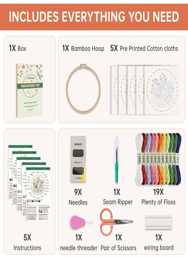 CYANFOUR 5 Pack Beginner Embroidery Kit for Adults, Easy to Learn Floral Embroidery Patterns from Video & Instruction, Needlepoint Kits for Adults Include Embroidery Hoop, Colorful Threads, Tools - Image 2
