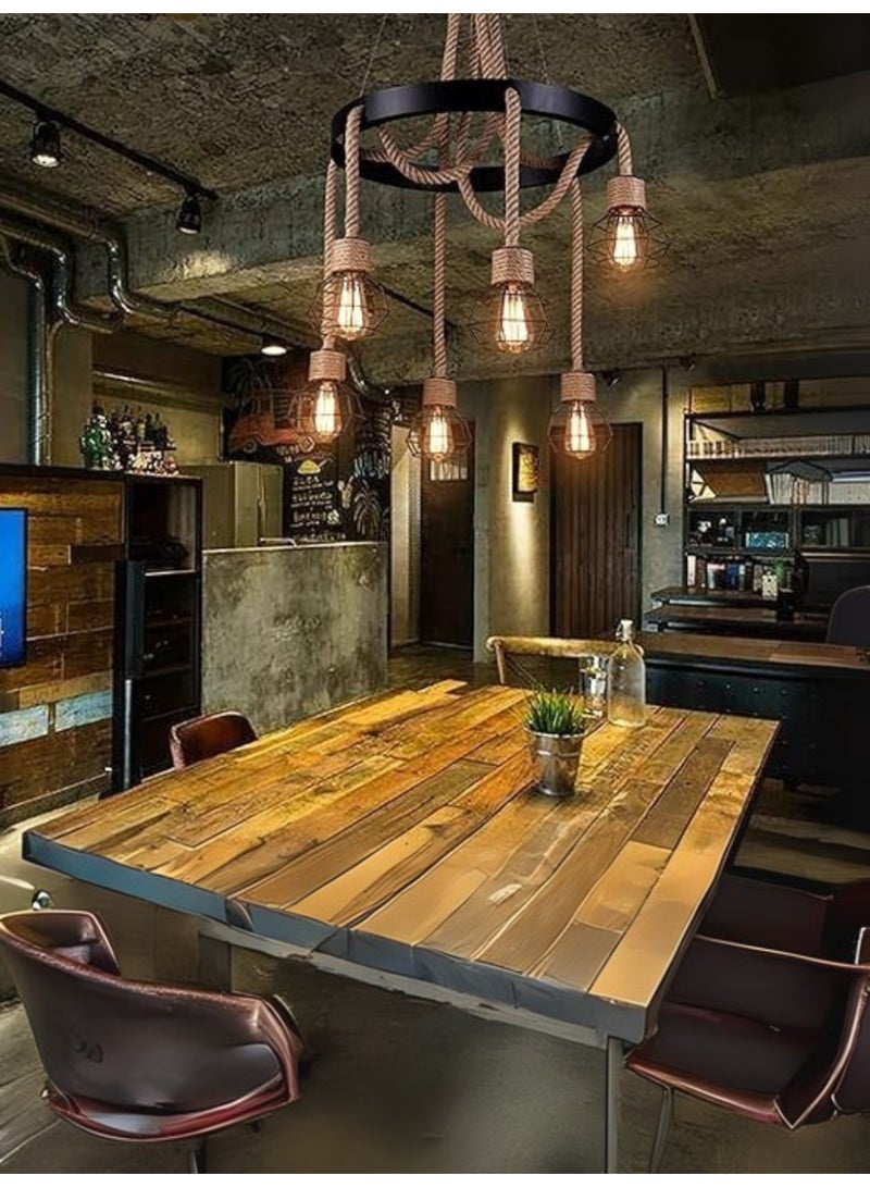 Senpcoo 6-Light Hemp Rope Pendant Light – Retro Industrial Hanging Lamp with Black Iron Cage - Image 1
